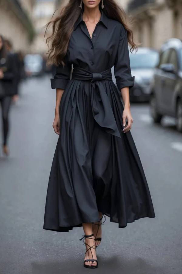 Elegant Long-sleeved Shirt-style Tie Maxi Dress