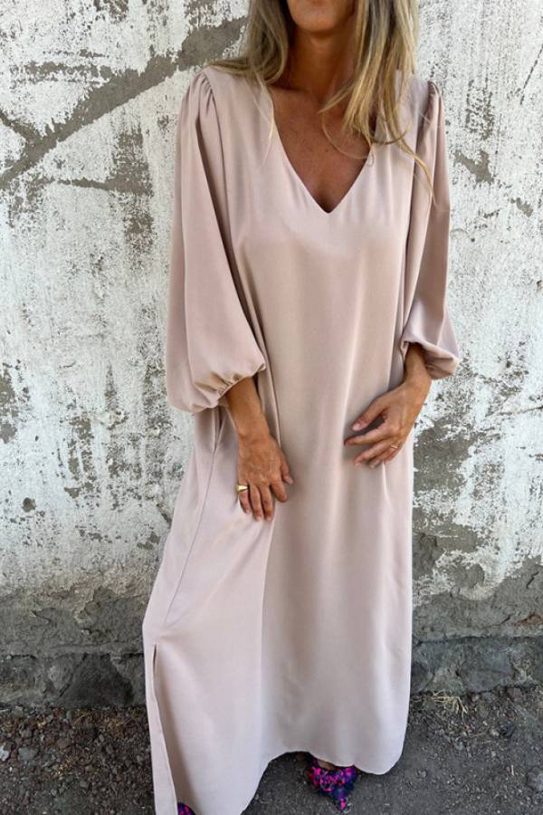 Solid V Neck Balloon Sleeve Loose Maxi Vacation Dress With Pockets