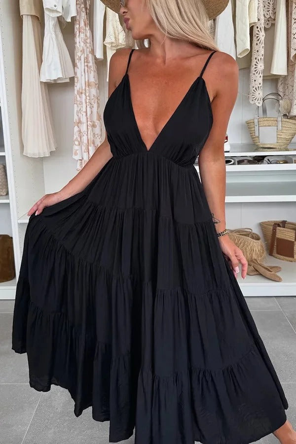 Bohemian Style V-neck Backless Slip Layered Vacation Maxi Dress
