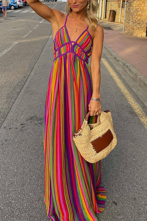 V Neck Backless Rainbow Stripes Cami Maxi Holiday Dress