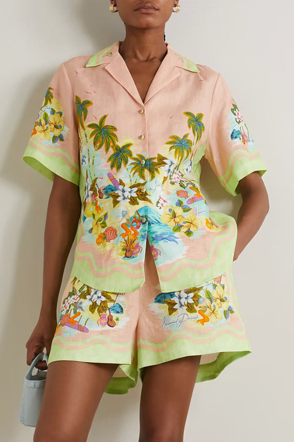 Coconut Scenery Linen Blend Tropical Print Blouse and Elastic Waist Pocketed Shorts Set