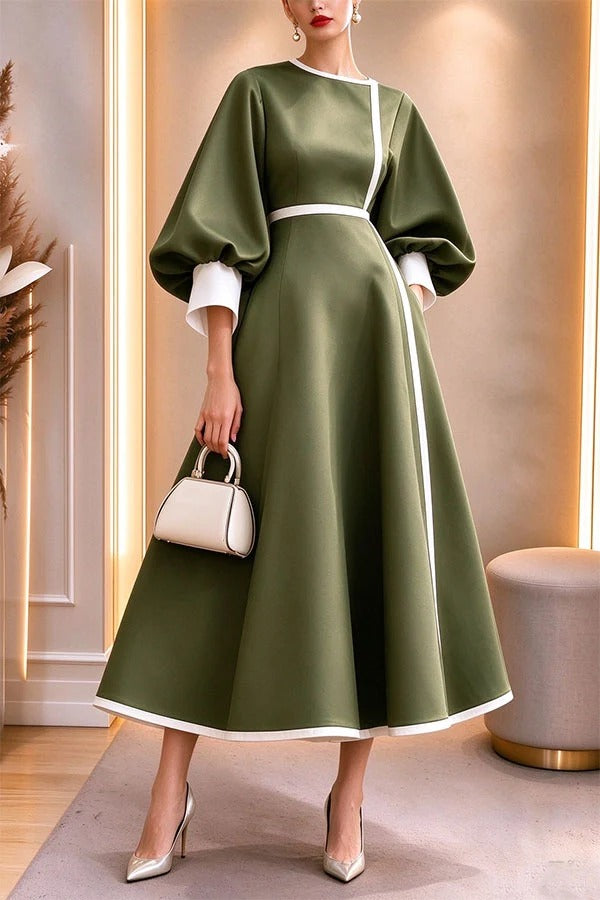 Elegant Color-block Lantern Sleeve Cinched Waist Pocketed Mid Dress