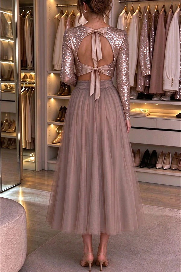 Tina Sequin Back Satin Bow Long Sleeve Crop Top and Mesh Elastic Waist Midi Skirt Set