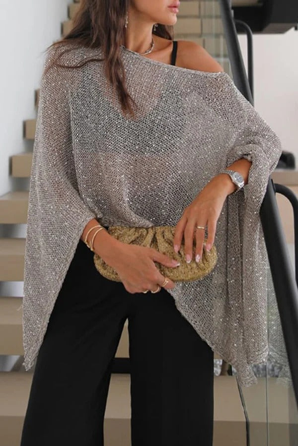 Zaylah Sequined Knit Wide Neck Batwing Sleeve Loose Cape Cover-up Top