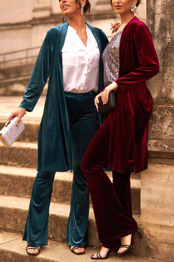 LUXE LADY VELVET LONG SLEEVE OPEN FRONT DRAPE MIDI KIMONO