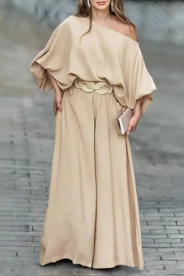 Skew Neck Lantern Sleeve Top & Wide Leg Pants Set