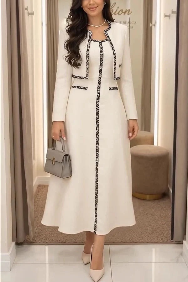 Ultimate Elegance Color Block Trim Crop Blazer and Sleeveless Maxi Dress Two Pieces Set