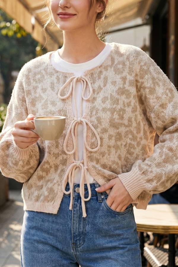 Leopard Print Bow‑Tie Short Knit Cardigan
