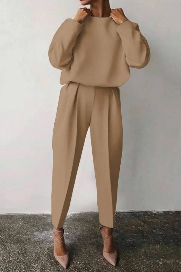 Casual Solid Color Round Neck Pencil Pants Suit