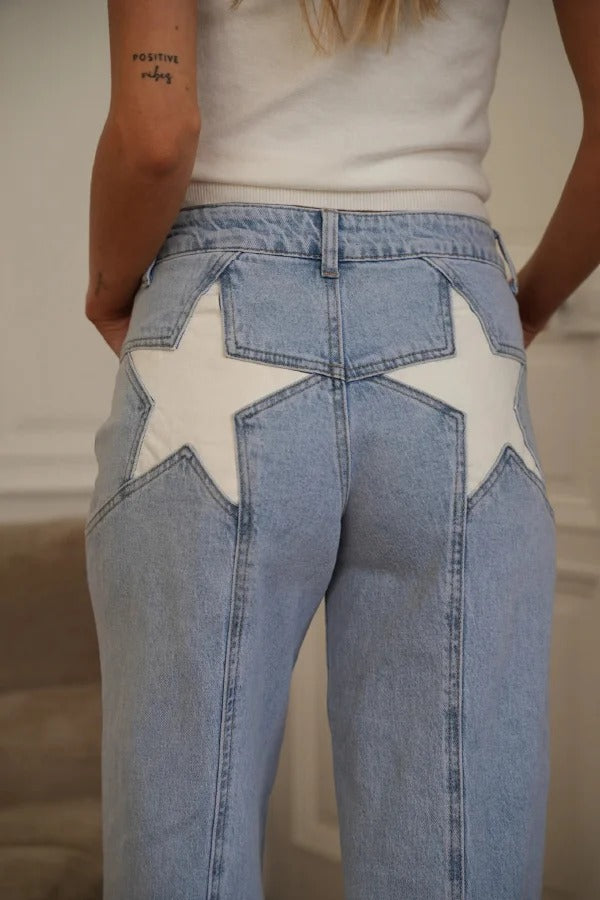 Stylish Denim Colorblock Star Patterned Mid Waist Pocket Wide Leg Jeans