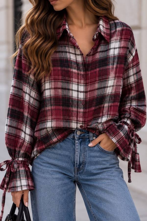 Vintage Plaid Tie Flare Sleeve Shirt