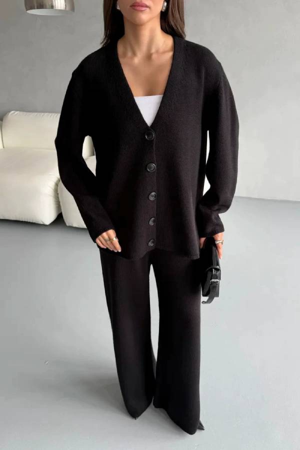 V‑Neck Knit Cardigan & Wide Leg Pants Two‑Piece Set