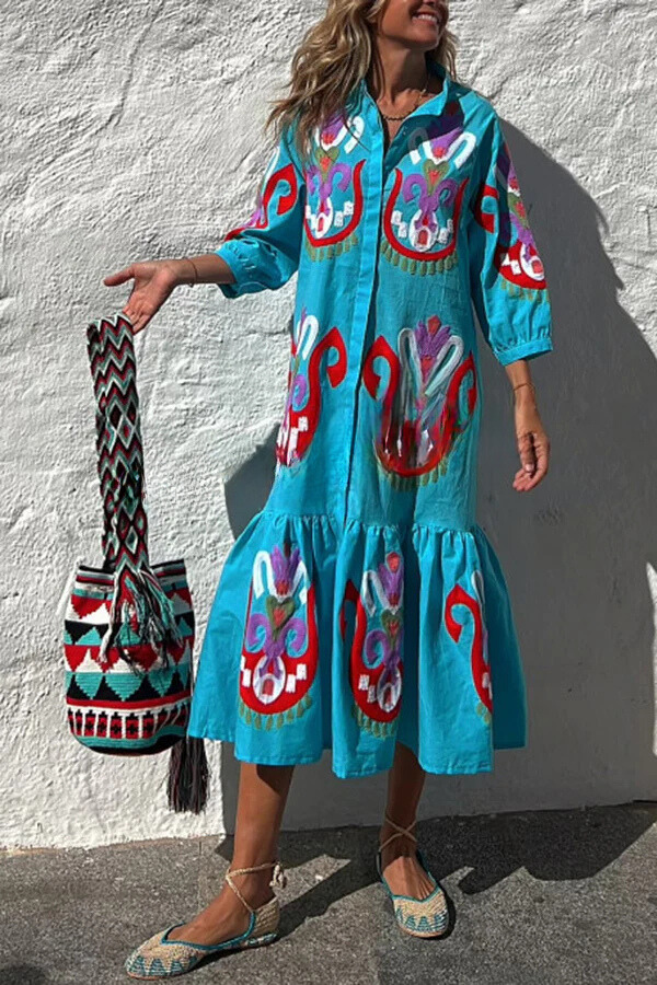 Take Me To Cabo Ethnic Unique Print Button Loose Shirt Midi Dress