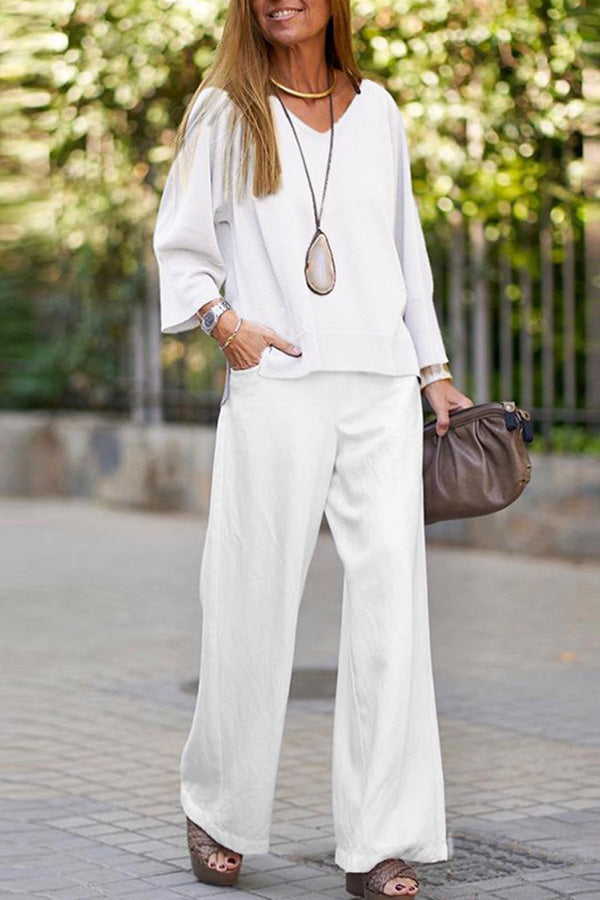 new v-neck long-sleeved shirt spring and autumn casual solid color pants wide-leg suit