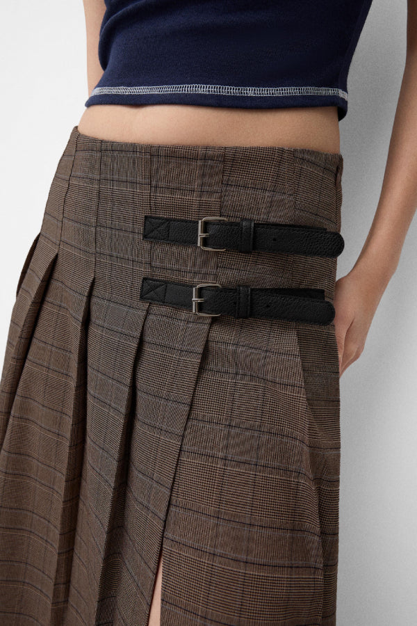 Box Pleat Midi Skirt with A Belt Detail