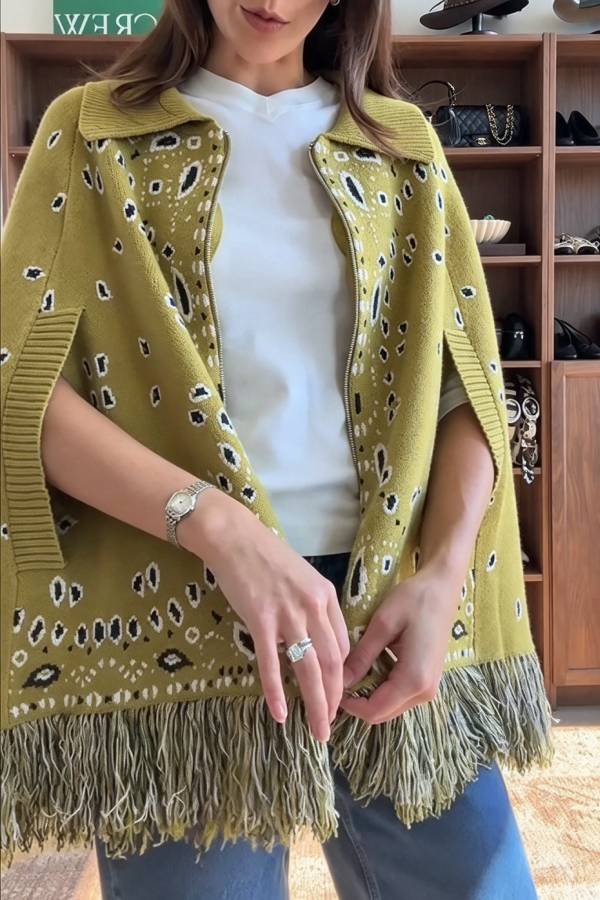 Lennie Bandana Knit Printed Open-Sleeve Pocket Fringe Lapel Zipper Poncho Sweater