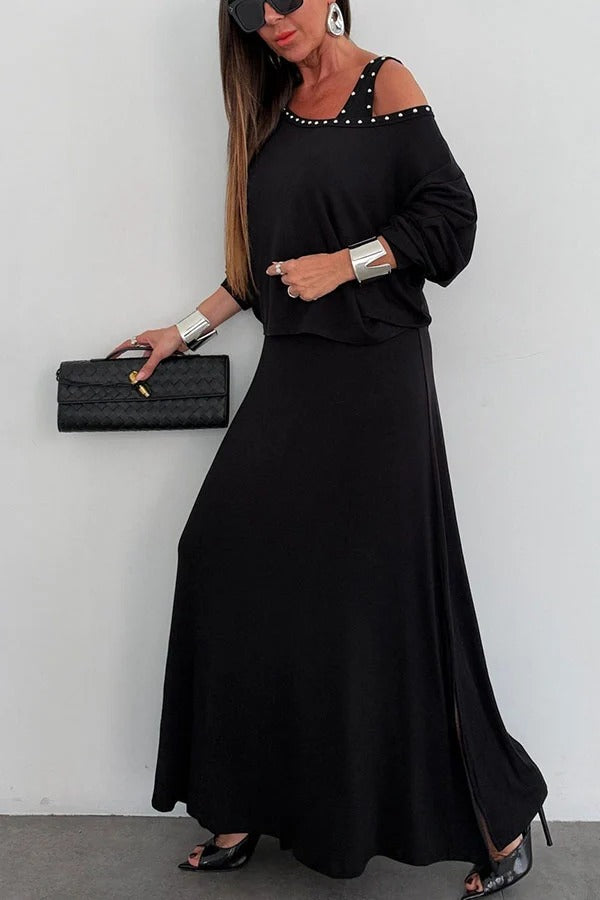 Samara Modal Beaded Detail Batwing Sleeves Loose Top and Tank Slit Maxi Dress Two Pieces Set