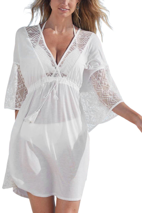 White Lace Patch Kimono Sleeve Tassel Drawstring Beach Cover Up