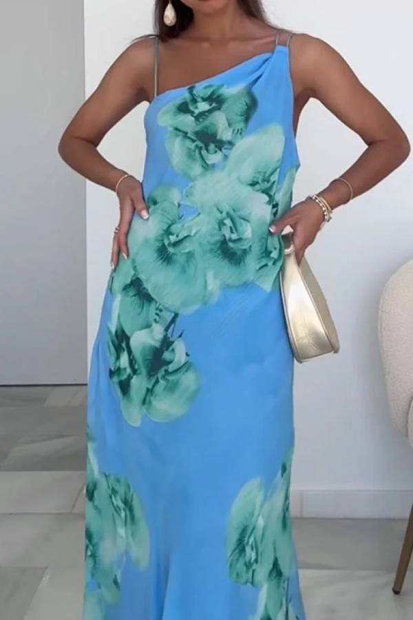 Elegant One-shoulder Printed Chiffon Dress