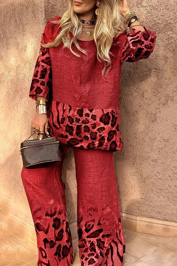 Leopard Print Crew Neck Loose Top and Elastic Waist Casual Wide-leg Pants Set