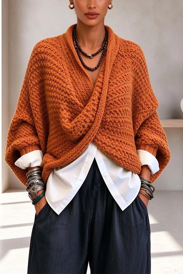 Comfortable Casual Knit Batwing Sleeves and A Crossover V-neck Loose-fitting Sweater