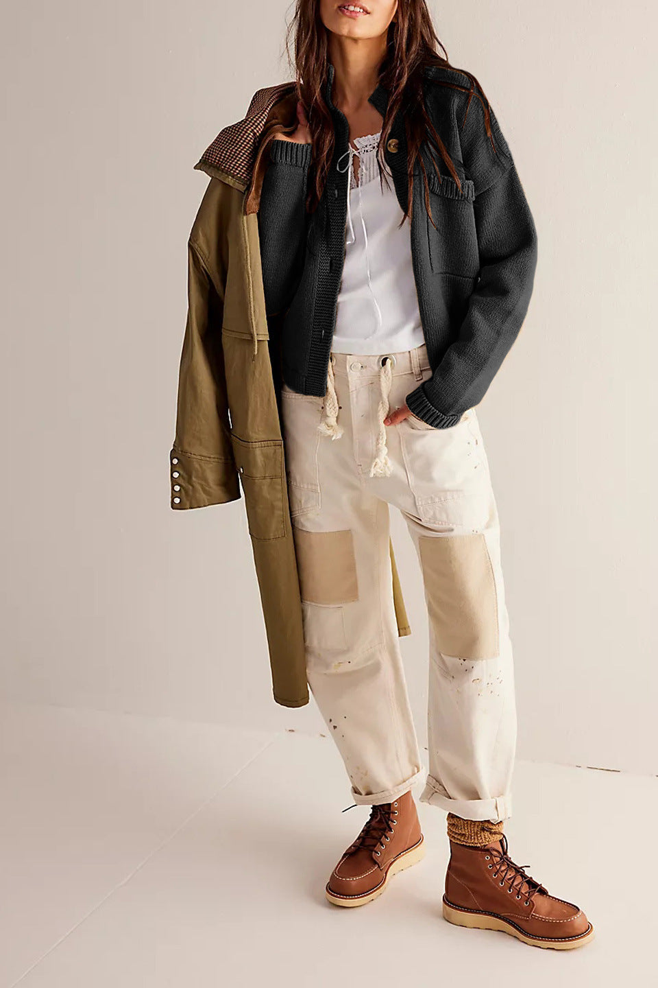Knitted Jacket Stand Collar Solid Color Cardigan Sweater