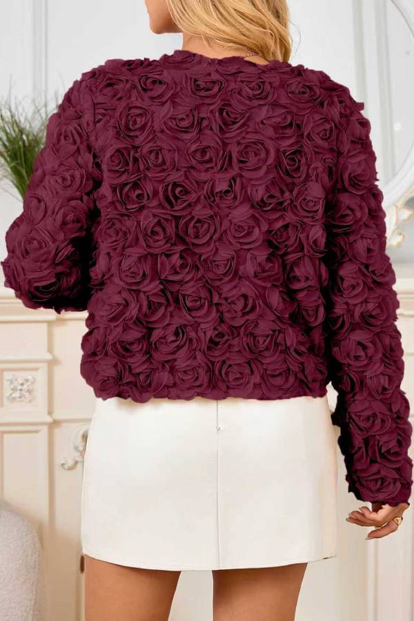 3D Floral Rose Cropped Open Front Jacket