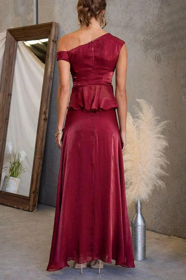 Yara Metallic One Shoulder Ruched Ruffle Hem Top and High Rise Flare Maxi Skirt Set