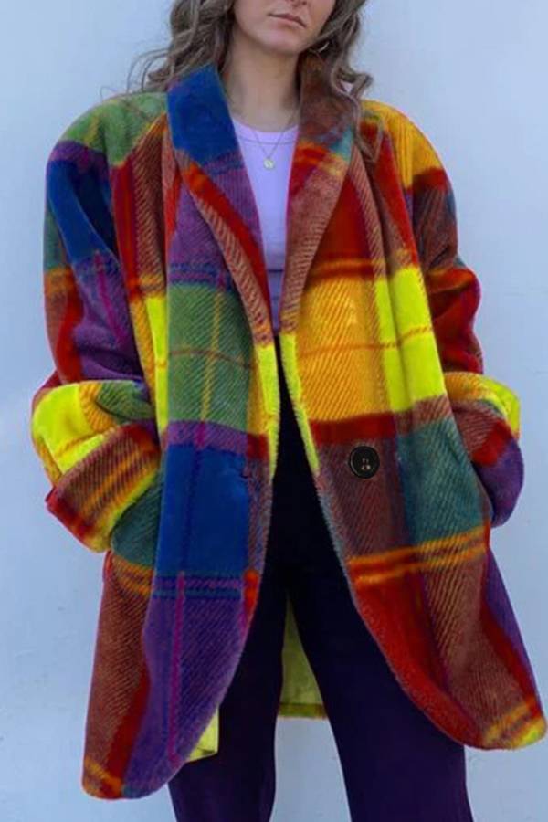 Color Plaid Faux Fur Loose Coat
