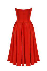 Strapless Corset Pleated Hem Prom Party Midi Dresses-Red