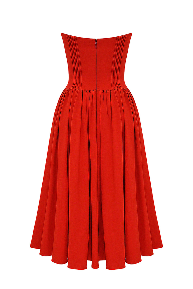 Strapless Corset Pleated Hem Prom Party Midi Dresses-Red