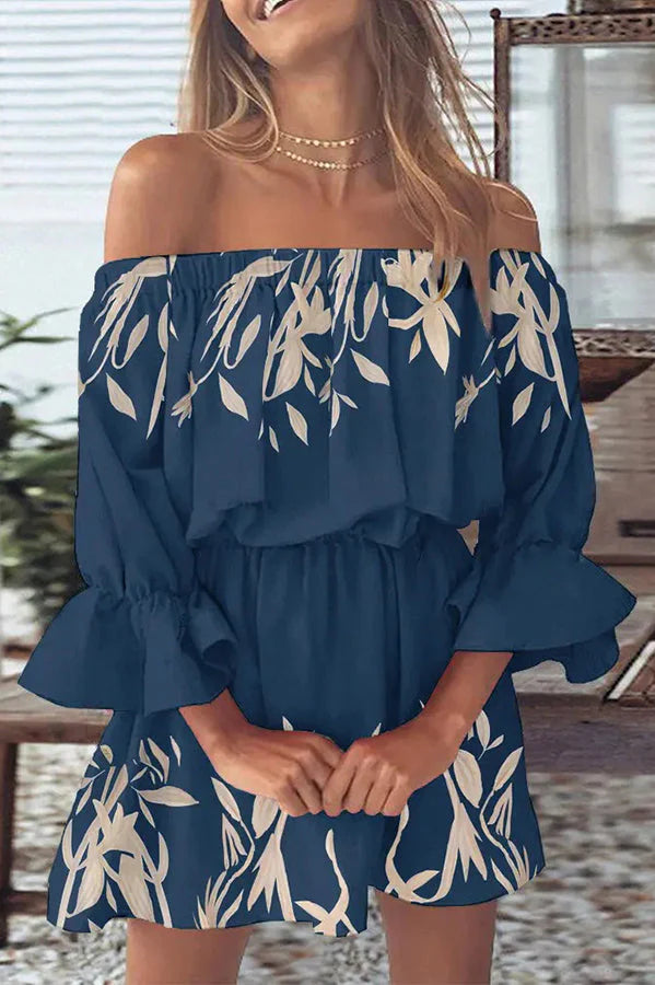 It All Begins with Love Printed Off Shoulder Mini Dress
