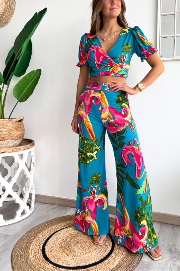 Floral Print V Neck Short Sleeves Crop Top Elastic Waist Wide Leg Pants Set