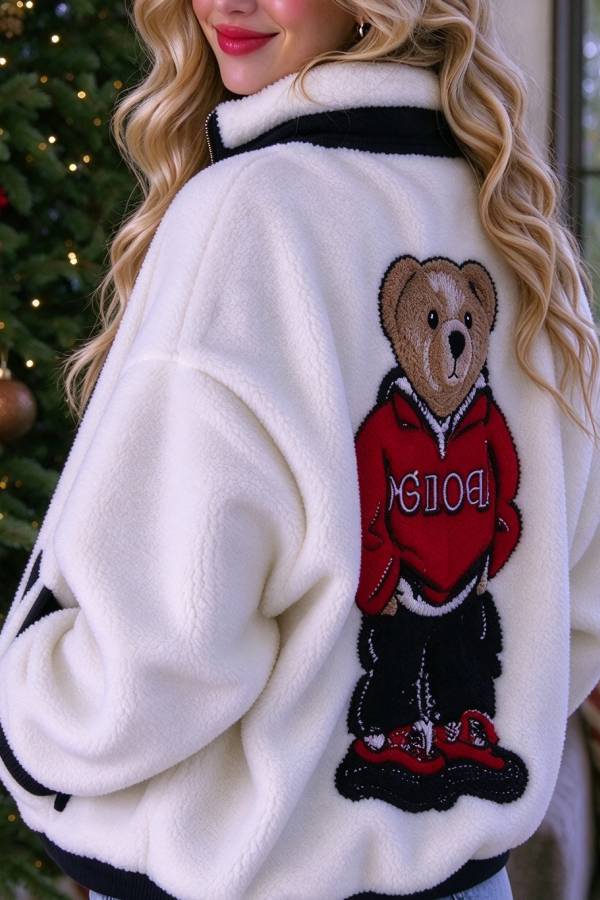 Cute Bear Print Colorblock High-Pile Fleece Zipper High Neck Long Sleeve Pocket Sweatshirts
