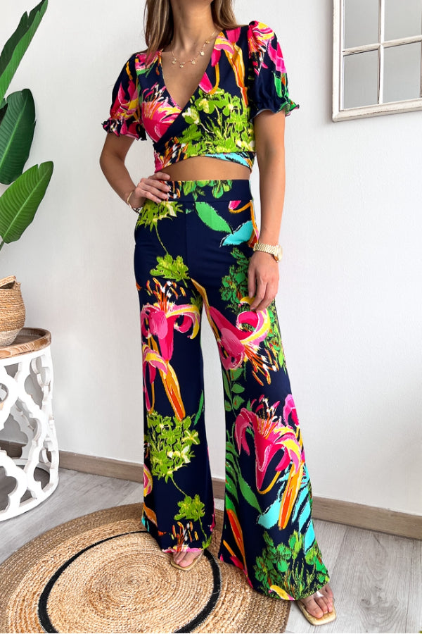 Floral Print V Neck Short Sleeves Crop Top Elastic Waist Wide Leg Pants Set