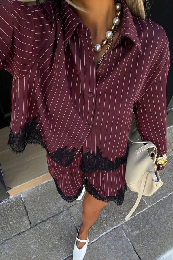 Satin Pinstripe Eyelash Lace Trim Shirt & High Waist Shorts 2 Piece Lounge Set