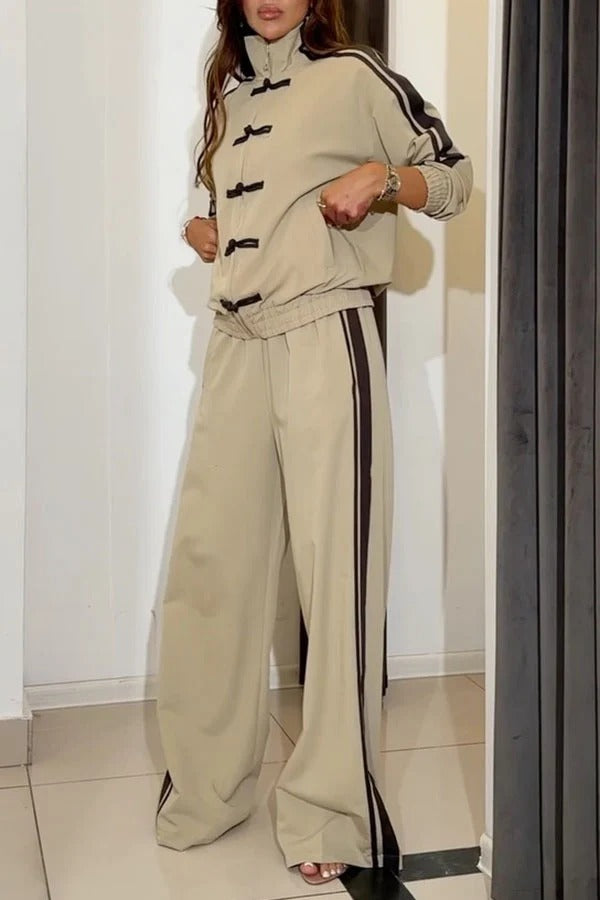 Fashionable Sporty Stripes Long Sleeve Knotted Button Jacket and Elastic Waist Pocket Pants Set
