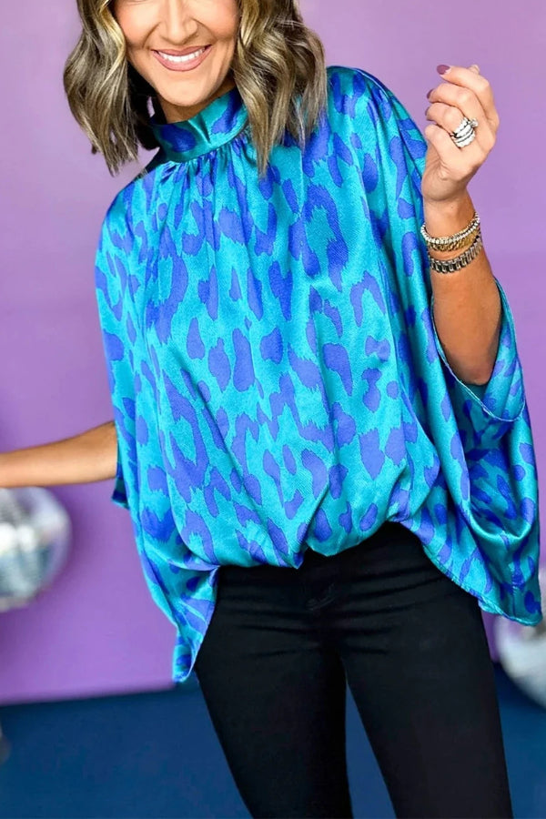 Blue Leopard Print Loose Batwing Sleeve Mock Neck Blouse