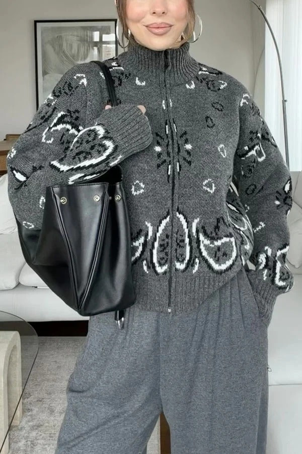 Bandana Knit Printed High Neck Long Sleeve Zipper Relaxed Cardigan