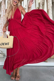 Bohemian Style V-neck Backless Slip Layered Vacation Maxi Dress