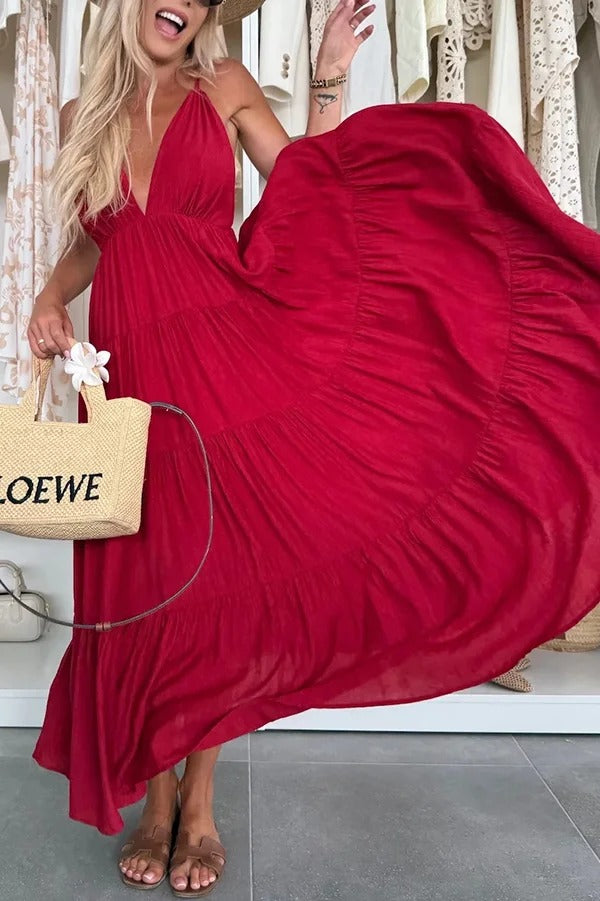 Bohemian Style V-neck Backless Slip Layered Vacation Maxi Dress