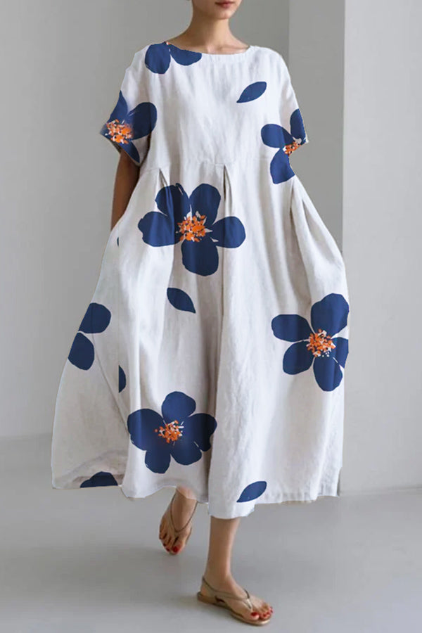 Women's spring and summer casual loose round neck floral skirt dress