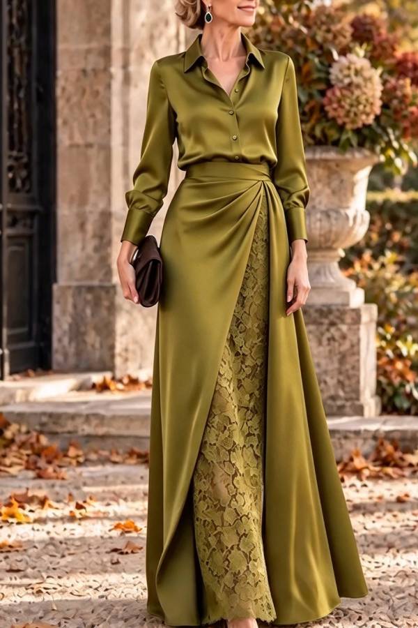 Jazmine Satin Long Sleeve Blouse and High Rise Slit Lace Maxi Skirt Set