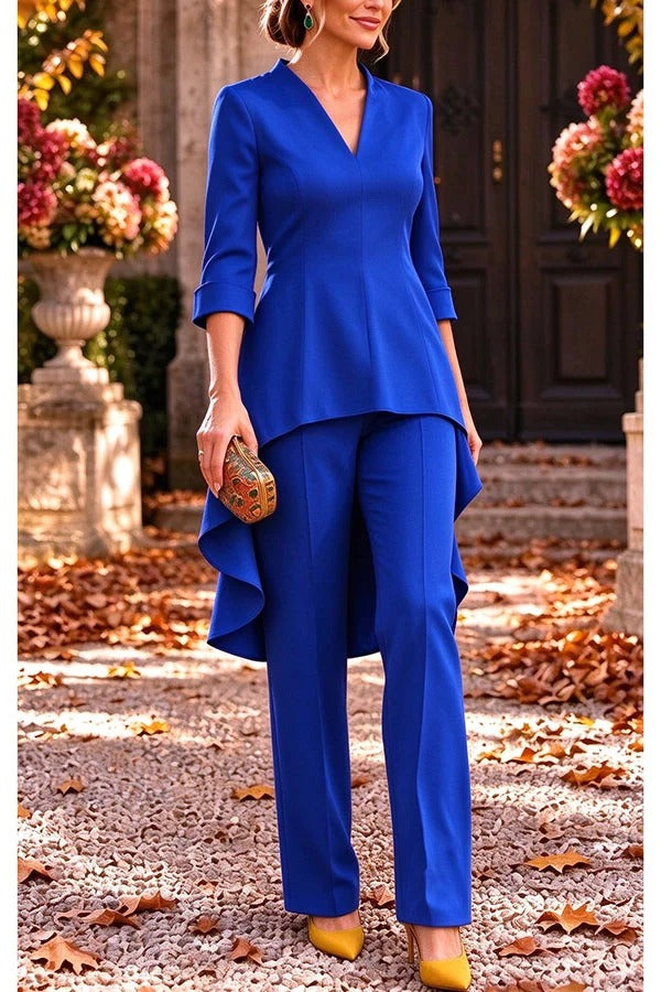 Nikkie V-neck Half Sleeve High Low Hem Top and Elastic Waist Wide Leg Pants Setts Set