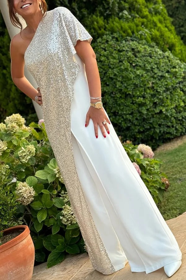 Party Favors Sequin One Shoulder Ruffle Detail Wide Leg Evening Jumpsuit