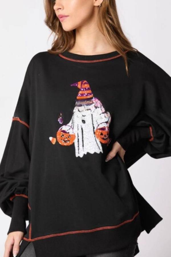 Halloween Ghost Sequined Sweatshirt Embroidered Casual Top