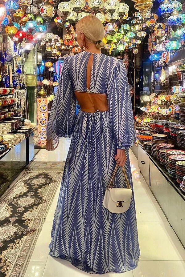 Geometric Print Cut Out Elastic Waist Backless Maxi Dress
