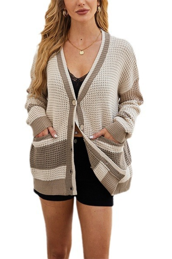 Knitted Jacket Oversized Pocket Colorblock Cardigan Sweater