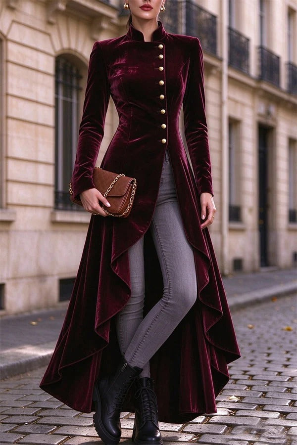 Napoleon Style Velvet Stand Neck Button Long Sleeve High Low Hem Midi Coat