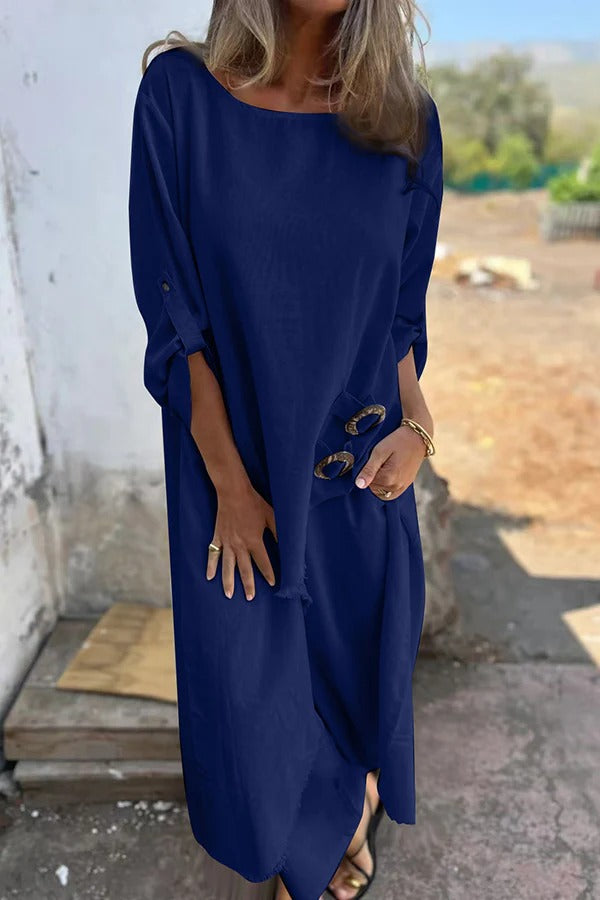 Jamilah Linen Blend Ring Detail Midi Blouse and Elastic Waist Pocketed Loose Pants Set